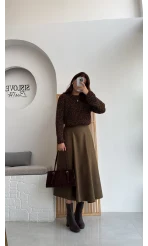 Süet Midi Etek Haki