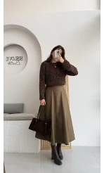 Süet Midi Etek Haki