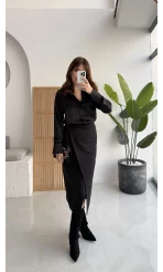 Tanya Asimetrik Kesim Düğme Detay Süet Etek - Siyah