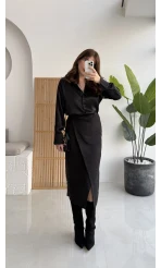 Tanya Asimetrik Kesim Düğme Detay Süet Etek - Siyah