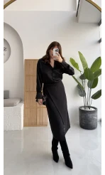 Tanya Asimetrik Kesim Düğme Detay Süet Etek - Siyah