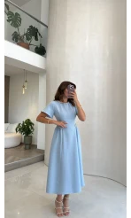 Taş Detay Midi Boy Elbise - Mavi - Kod: 3220