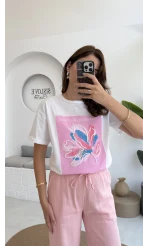 Taş İşlemeli Çiçekli T-shirt - Pembe