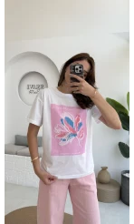 Taş İşlemeli Çiçekli T-shirt - Pembe
