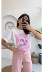 Taş İşlemeli Çiçekli T-shirt - Pembe