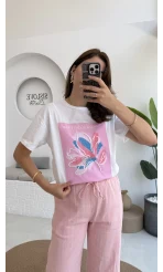 Taş İşlemeli Çiçekli T-shirt - Pembe