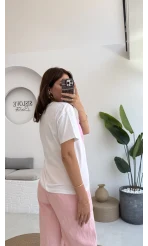 Taş İşlemeli Çiçekli T-shirt - Pembe