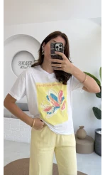 Taş İşlemeli Çiçekli T-shirt - Sarı