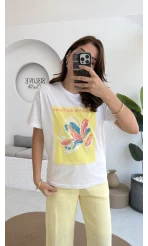 Taş İşlemeli Çiçekli T-shirt - Sarı