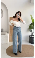 Taşlı Mavi Yüksek Bel Denim Jean Pantolon - Kod: 1014