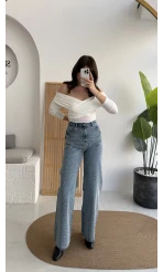 Taşlı Mavi Yüksek Bel Denim Jean Pantolon - Kod: 1014