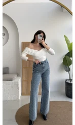 Taşlı Mavi Yüksek Bel Denim Jean Pantolon - Kod: 1014