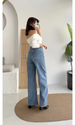 Taşlı Mavi Yüksek Bel Denim Jean Pantolon - Kod: 1014