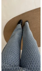 Taşlı Mavi Yüksek Bel Denim Jean Pantolon - Kod: 1014