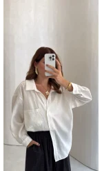 Taşlı Oversize Modal Gömlek - Beyaz - Kod: 5106