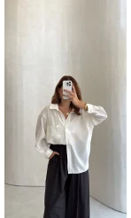 Taşlı Oversize Modal Gömlek - Beyaz - Kod: 5106