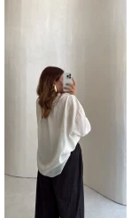 Taşlı Oversize Modal Gömlek - Beyaz - Kod: 5106