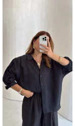 Taşlı Oversize Modal Gömlek - Siyah - Kod: 5106