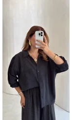 Taşlı Oversize Modal Gömlek - Siyah - Kod: 5106