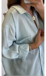 Taşlı Oversize Modal Gömlek - Turkuaz - Kod: 5106