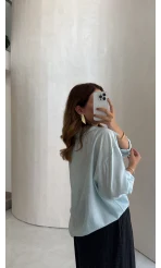 Taşlı Oversize Modal Gömlek - Turkuaz - Kod: 5106