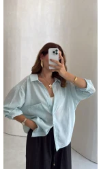 Taşlı Oversize Modal Gömlek - Turkuaz - Kod: 5106