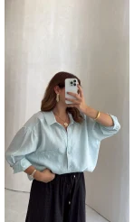 Taşlı Oversize Modal Gömlek - Turkuaz - Kod: 5106