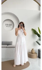 Tek Omuz Kat Kat Elbise - Beyaz