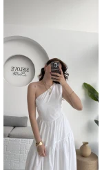 Tek Omuz Kat Kat Elbise - Beyaz