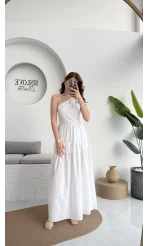 Tek Omuz Kat Kat Elbise - Beyaz