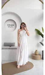 Tek Omuz Kat Kat Elbise - Beyaz