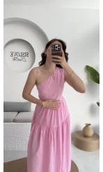Tek Omuz Kat Kat Elbise - Pembe