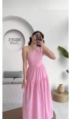 Tek Omuz Kat Kat Elbise - Pembe