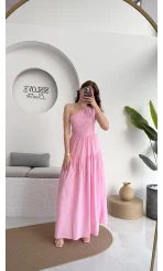 Tek Omuz Kat Kat Elbise - Pembe