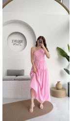 Tek Omuz Kat Kat Elbise - Pembe