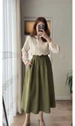 Tensel Modal Karışımlı Cepli Etek - Haki