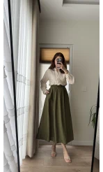 Tensel Modal Karışımlı Cepli Etek - Haki