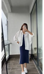 Tensel Oversize Çizgili Beyaz Gömlek