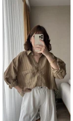 Tensel Oversize Çizgili Haki Tonları Gömlek