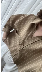 Tensel Oversize Çizgili Haki Tonları Gömlek