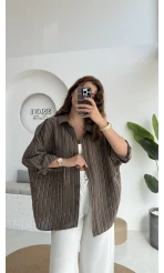Tensel Oversize Çizgili Kahve Gömlek