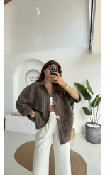 Tensel Oversize Çizgili Kahve Gömlek