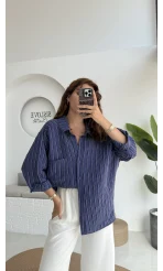 Tensel Oversize Çizgili Lacivert Gömlek