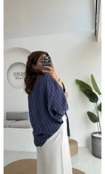 Tensel Oversize Çizgili Lacivert Gömlek