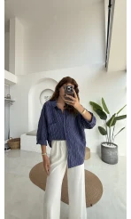 Tensel Oversize Çizgili Lacivert Gömlek