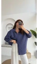 Tensel Oversize Çizgili Lacivert Gömlek