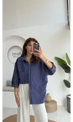 Tensel Oversize Çizgili Lacivert Gömlek