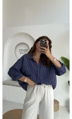 Tensel Oversize Çizgili Lacivert Gömlek