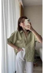 Tensel Oversize Çizgili Yeşil Gömlek