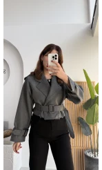 Tess Kemerli Reglan Kol Yarım Ceket - Antrasit - Kod: 9502